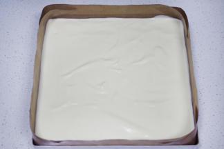 正方形三能金盘。上面垫耐高温油布，倒入蛋糕面糊