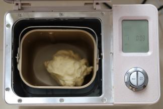 先液体后粉类的顺序将所有的面包原料（除黄油外）放入面包机桶内，酵母放在中间，启动面包机，设置和面功能，时间20分钟。