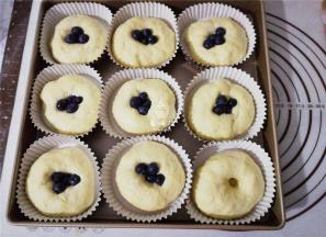 把每个面团揉成小团放入学厨的烤盘上，再用擀面杖戳出一个坑，填入蓝莓（如图所示）。