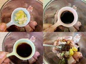 加入葱姜、生抽、老抽、豆瓣酱，拌匀腌制入味