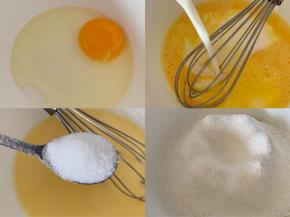 鸡蛋打入碗中用打蛋器打散，然后倒入牛奶混合均匀，加入白砂糖和低筋面粉，混合成顺滑的面糊