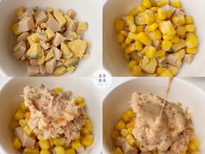 鸡蛋去壳，切成小粒，加入玉米粒、金枪鱼泥、沙拉酱，混合均匀