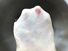 加冰水启动揉面程序，将面团揉起筋，可以撑出膜，破口处呈锯齿状