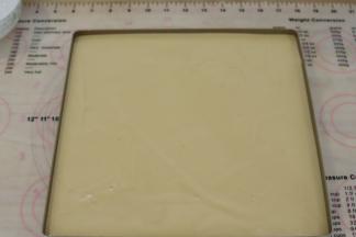 将蛋糕糊倒入方盘内，用刮刀刮平，轻震几下。