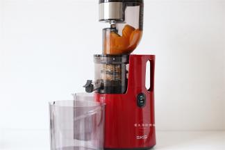 将芒果肉放入SKG原汁机内，按正转键