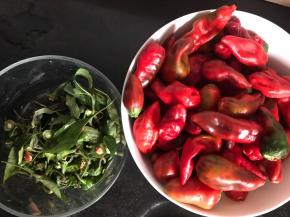 红辣椒洗净后摘去根部，搽干水分