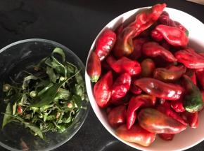 红辣椒洗净后摘去根部，搽干水分