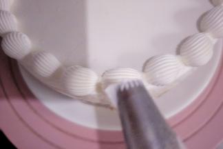 把淡奶油装入带多齿裱花嘴的裱花袋中，在慕斯上边挤出花边。