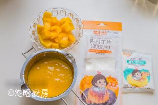 蛋糕放凉的时候，来做慕斯液。芒果肉打成细细的果泥，再切一些芒果丁，准备吉利丁粉和吉利丁片。
