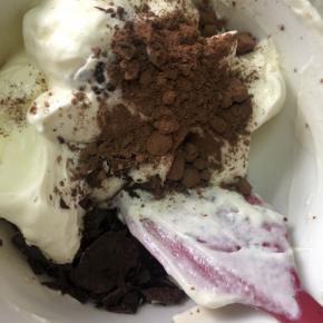 巧克力切碎，留一点儿装饰表面～小碗小刮刀，120克基础冰淇淋，加入巧克力碎，5克可可粉，搅拌均匀，分装入准备好的冰淇淋盒～这里可以根据自己的喜好增减