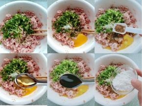 将葱姜末，盐，五香粉，香油，料酒，生抽，淀粉加入肉末中抓拌均匀
