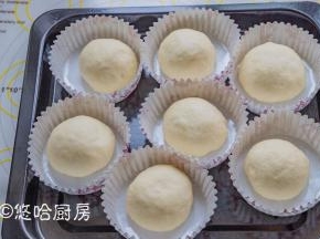松弛后的面团再次滚圆，放入纸模中，没有纸模直接放烤盘上，烤盘上记得铺油布或油纸。室温下进行二次发酵。