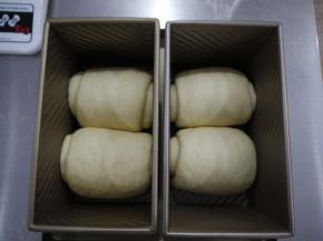 然后把面团卷好，放进模具进行最后一次发酵，盖上保鲜膜，放入温暖处或烤箱内发酵。