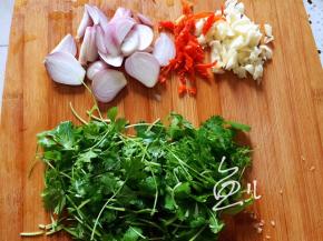 洋葱切片，辣椒切碎，大蒜切碎，香菜切段