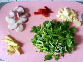 洋葱大蒜切片，生姜切条，红辣椒和香菜切段