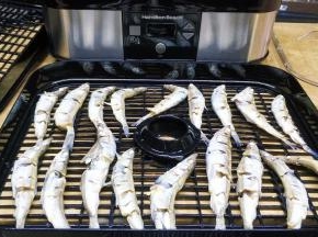 捞出煮熟的多春鱼，用厨房纸吸干水份，码在干果网里