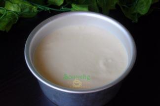 混合好的蛋糕糊，倒入6寸的蛋糕模具，抹平，并用力震动一下蛋糕模具，把内部气泡震出来。