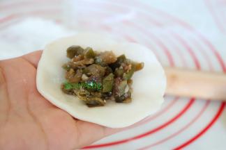 饺子皮拿在手上，放入适量的炒好的茄子馅，馅料要确保是冷却之后，热馅料千万不能放，饺子会裂开。