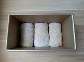 由上至下卷起来，卷的时候注意卷紧，不要留下缝隙。卷好的面团放入土司盒里。