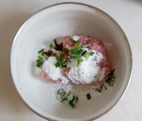 猪肉糜放入生粉、盐、10克葱花，5克生抽。