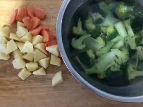 土豆、胡萝卜去皮切块，西兰花焯水后备用