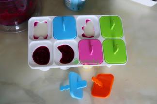 模具倒入八分满即可，太满会溢出来。盖上模具的盖子，并震动几下，让模具酸奶和火龙果直接没有空隙。