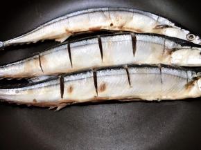 平底锅烧热后，摆上擦干水分的秋刀鱼，放入后先不要翻动