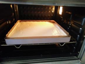 倒入到铺了油布的烤盘中，刮平表面，轻震烤盘震出大气泡，放进预热好的烤箱中层，上下管155度，烤25分钟左右。