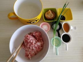 准备其他材料。图上看着比较多，我是翻倍做了两盘。肉末是早市新鲜现买的肉，然后让店家处理好的肉末，或者家里有料理机，也可以买肉然后自己处理成肉末。