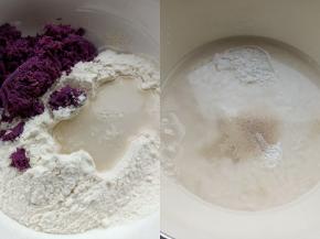 将白面团和紫薯面团的材料分别混合