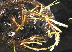 起锅，放少许油、加入葱段爆香，加入酱油和生抽，加入淀粉水勾芡