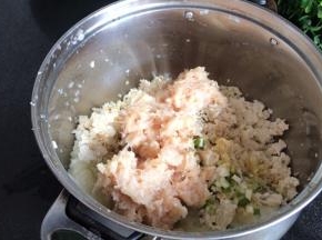 加入姜末、胡椒粉、盐、葱花、鸡肉，拌匀