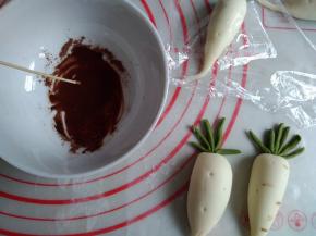 可可粉用一丁点水调开，用牙签沾点可可液，在白萝卜身上划出一条条痕