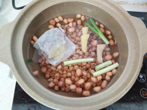 八角、香叶、桂皮和花椒放入小袋子里后放入锅里，生姜、葱也一并放入，注入足量的水。