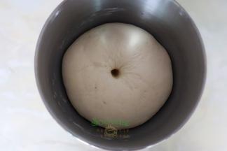 揉搓光滑面团放入厨师机的大桶里，盖上一块湿布。大约一个小时左右，发酵变大至2倍。手指占淀粉，放在面团里，不会马上塌陷，第一阶段发酵完成。