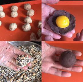 醒面的同时，备好馅料，（咸蛋黄撒入白酒蒸5分钟即可）称25克一份，搓成圆球备用