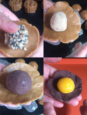 捏成薄饼皮，放入各种馅