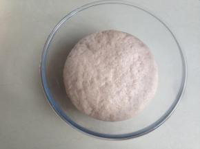 盖上保鲜膜，在温暖处发酵两倍大。在面团发酵的过程中准备好馅料，将黑芝麻酱加热后加入糖拌匀，使糖溶解，再倒入熟糕粉拌均匀即可