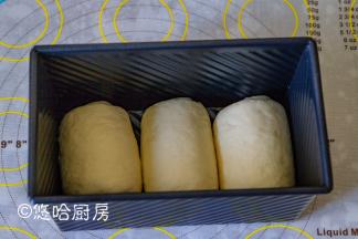 松弛后的面团再次擀开，翻面后卷起，底部朝下摆放在模具中。盖保鲜膜放入烤箱中进行二次发酵，此时不开烤箱哈，烤箱里面可以放一碗热水，增加温度和湿度。