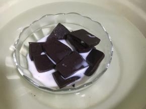 以上配方适用于学厨28 cm金色正方形不占烤盘模具一份用量！ 
巧克力加10克的牛奶混合，隔水加热至融化备用
