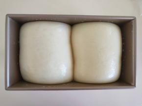 １７、发酵到土司盒的９分满，表面刷蛋清或者牛奶。