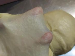 一直揉到面团达到能拉出很薄的薄膜的完全阶段。