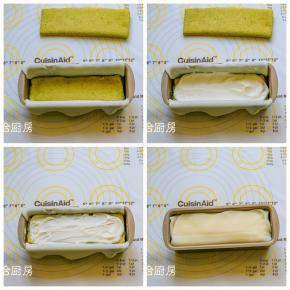 在模具中先挤入一层奶油，放一片蛋糕。在蛋糕上再挤入一层奶油，放一层蛋糕，再次挤上奶油，用水晶皮包好，放入冰箱冷藏2个小时左右。