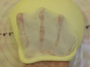 揉面程序结束后，取出面团，检测面团，可以拉出薄而不易破的手套膜。