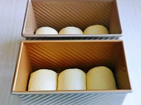 卷好的吐司胚放入吐司盒中，我这个是2个450g的吐司面包的量，放入蒸烤箱进行二次发酵。(室温发酵也可以，但是一定要保持吐司胚的湿度)