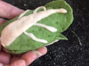 再把三片有白菜邦的叶子，一片叠加一片的包在嫩叶外面
