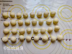 眼睛的所有材料揉成光滑的面团，分成均等的32份，搓成小圆球。