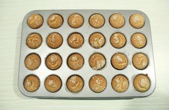 烤到小蛋糕膨胀到最高点，略有回落，上色均匀。取出模具，震一下震出热气。