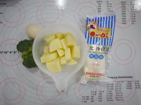 准备好主要食材，土豆去皮切成小块、西蓝花清洗干净备用。