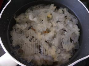 银耳提前泡几个小时，然后冲洗干净并剪去黄色的蒂，然后撕成小块。
桃胶提前泡一个晚上，然后冲洗几遍，再挑出里面的杂质。
把桃胶和银耳一起放到小白锅里。
然后加入食材一倍的清水，再放到电磁炉，水开后转小火煮30分钟左右。
